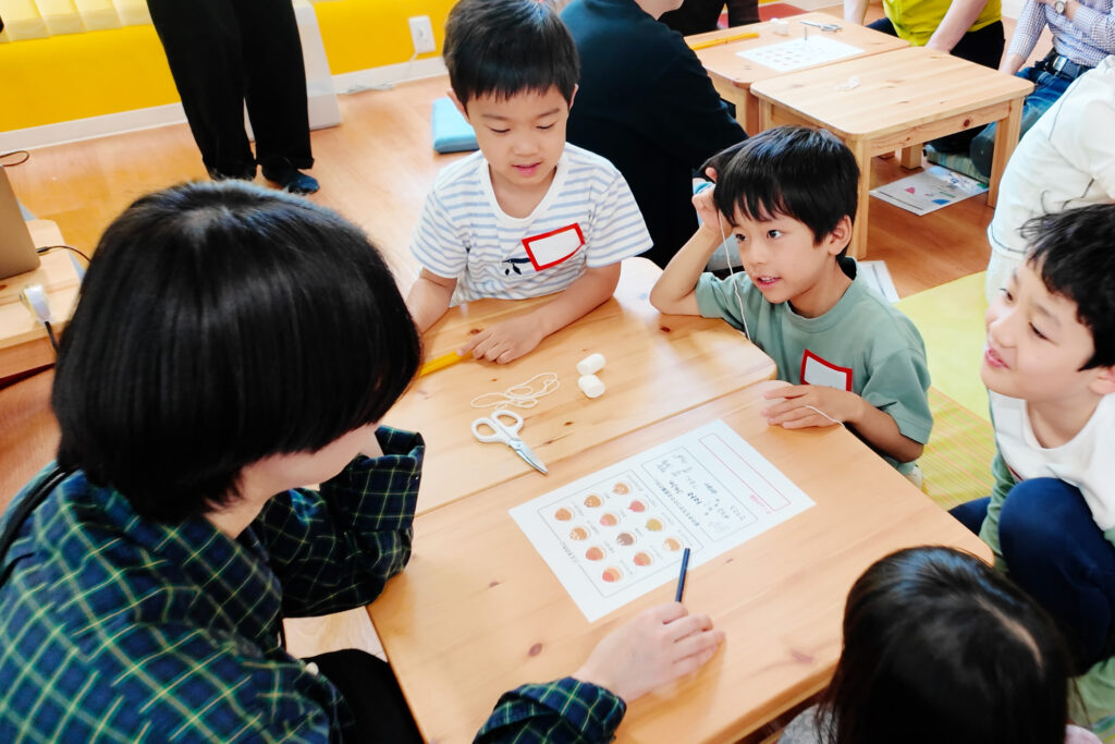 マシュマロチャレンジのイベントで、オリジナルチーム名を考える小学生たちの様子。ワークシートを囲みながら意見を出し合い、チームワークと創造力を育んでいる場面。