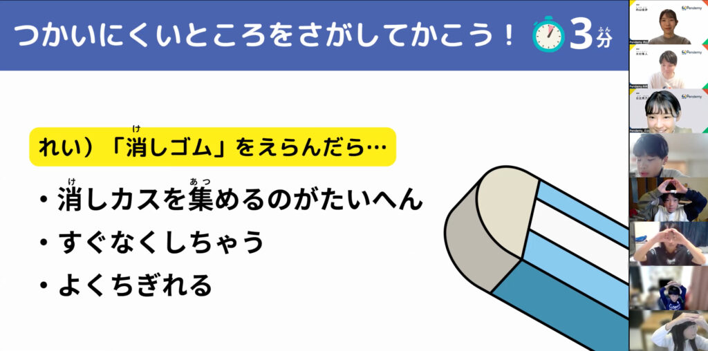 消しゴムの使いにくさを考える小学生向けスライド。消しカスが集めにくい、なくしやすい、ちぎれやすいといった課題を例に発見を促す。