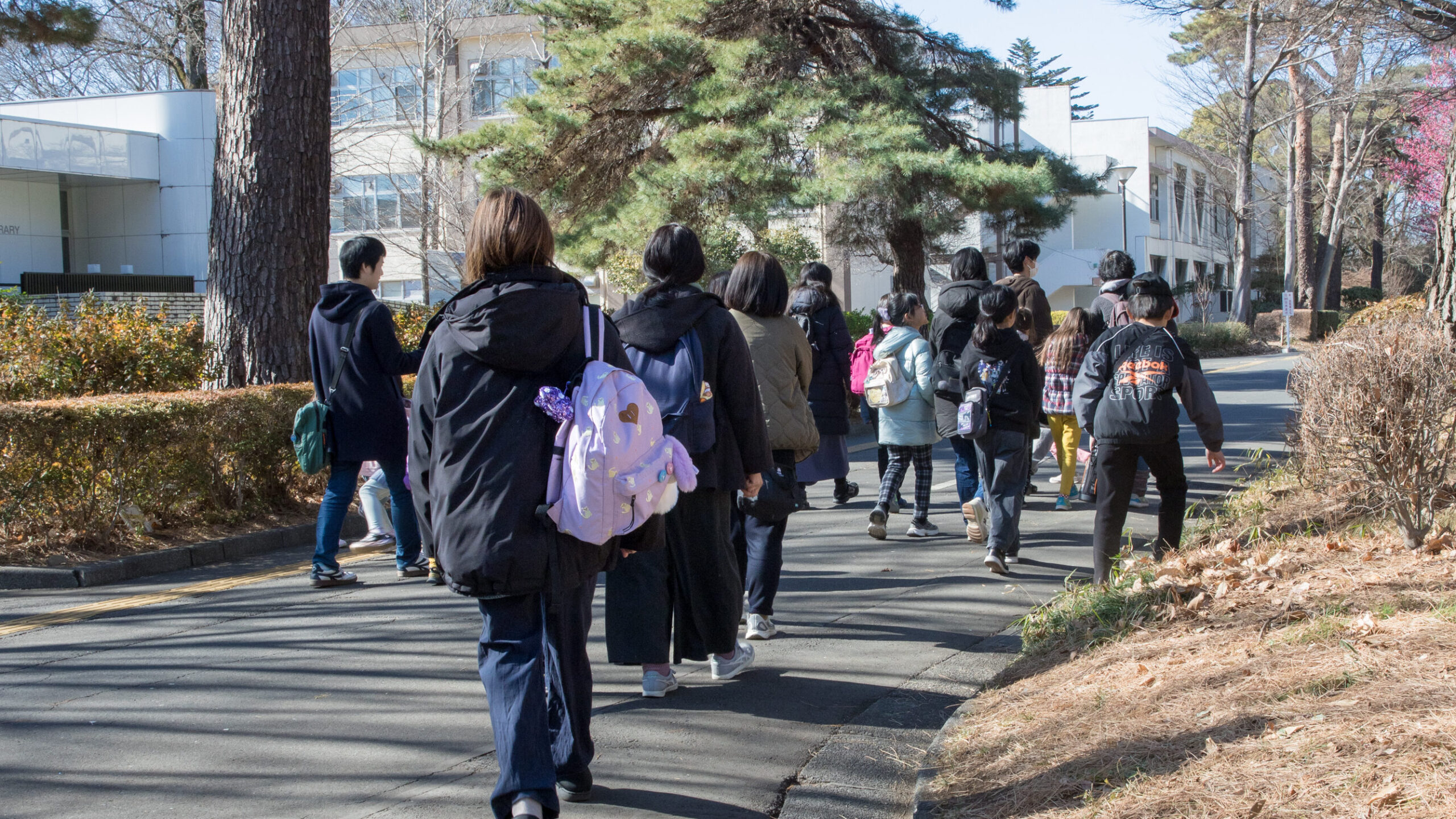 東京農工大学キャンパス内を歩くツアー参加者。観察ポイントを探しながらキャンパス探検を楽しむ様子。