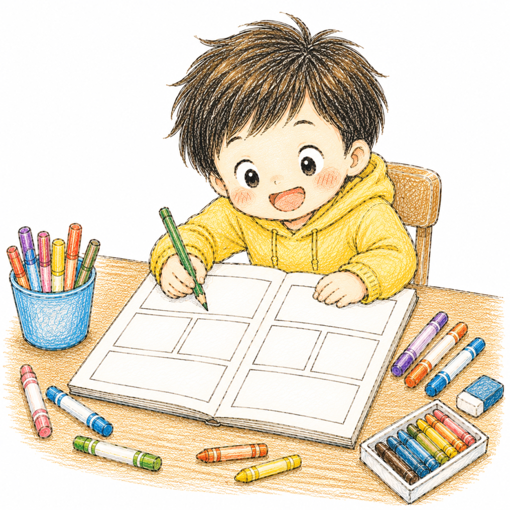 机に向かってスケッチブックにキャラクターを描いている子どものイラスト。カラーペンや鉛筆が周りに散らばっている。「漫画家」体験のイメージ。